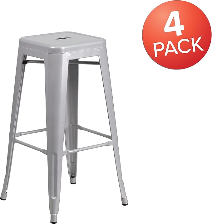 Flash Furniture Lily 4 Pack Commercial Grade 30" High Backless Silver Metal Indoor-Outdoor Barstool with Square Seat