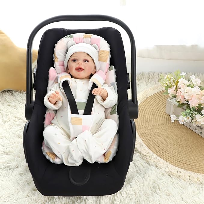 DILIMI Infant Car Seat Insert, Baby Car Seat Head Support with 3 Strap Paddings, Soft Newborn Car Seat Cushion for Stroller, Swing, Bouncers, Colorful Checkered