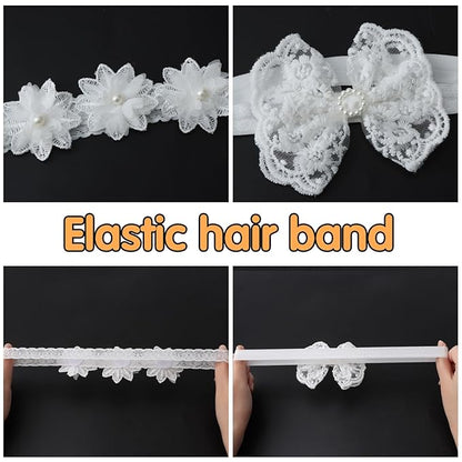 2 Pack 18-20in Elegant White Flower Christening Headbands for Baby Girl, Elastic Soft Lace with Cute Tulle Pearl Hair Strap (White flowers)