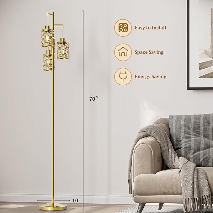Oneach 70" Industrial Floor Lamp, Stepless Dimmable Standing Lamp with 3 Bulbs, Farmhouse Corner Standing Tree Lamp for Living Room, Tall Lamps for Bedroom, Office, Study Room, Dining Room, Gold