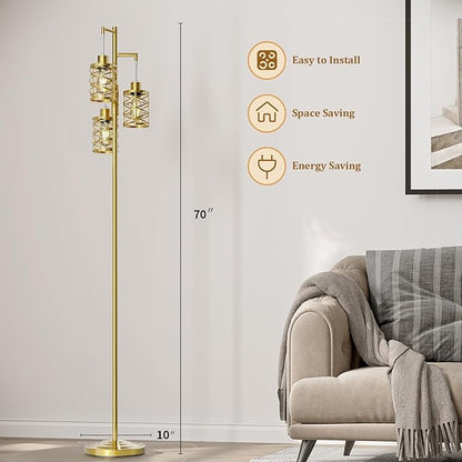 Oneach 70" Industrial Floor Lamp, Stepless Dimmable Standing Lamp with 3 Bulbs, Farmhouse Corner Standing Tree Lamp for Living Room, Tall Lamps for Bedroom, Office, Study Room, Dining Room, Gold