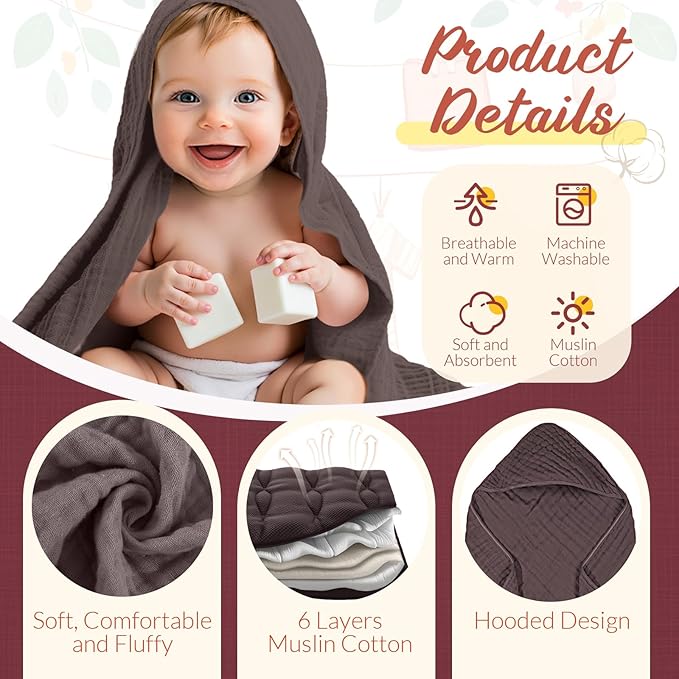 VitalCozy 12 Pcs Baby Muslin Hooded Bath Towels and Washcloths, Muslin Hooded Baby Towels Absorbent Blankets for Gift Newborn Infant Shower (Neutral Colors)