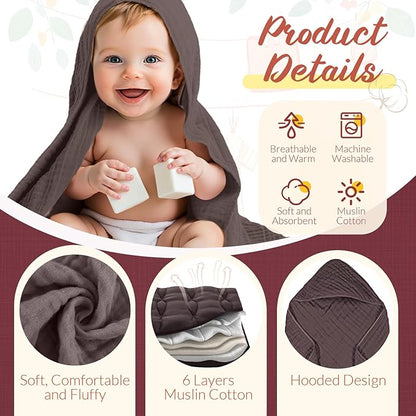 VitalCozy 12 Pcs Baby Muslin Hooded Bath Towels and Washcloths, Muslin Hooded Baby Towels Absorbent Blankets for Gift Newborn Infant Shower (Neutral Colors)