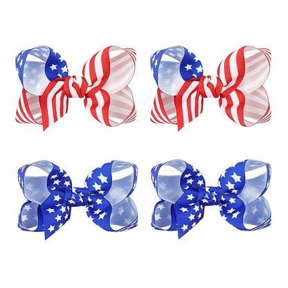 YanJie 4th of July 3'' Bow Hair Clips 4pcs Red Blue Ribbon Star Baby Girl Clips American Flag Clips Patriotic Hairpins Girls Hair Accessories