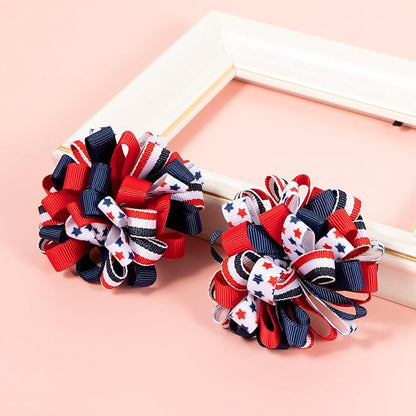 4th of July Korker Hair Bow Clips Girls Patriotic Curly Corker Cheer Pompom Loopy Bow Alligator Barrettes Red White Blue Stars Stripes Ribbon Accessories Kids Xmas Gift
