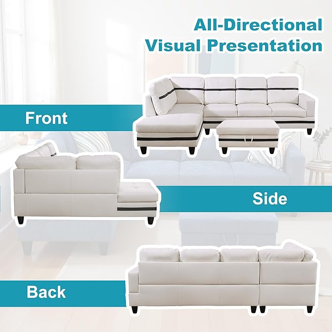 L Shaped Couch PU Leather Sectional Couch Upholstered 3 Pieces Sofas for Living Room with Chaise, Storage Ottoman for Office and Small Apartment, White and Black