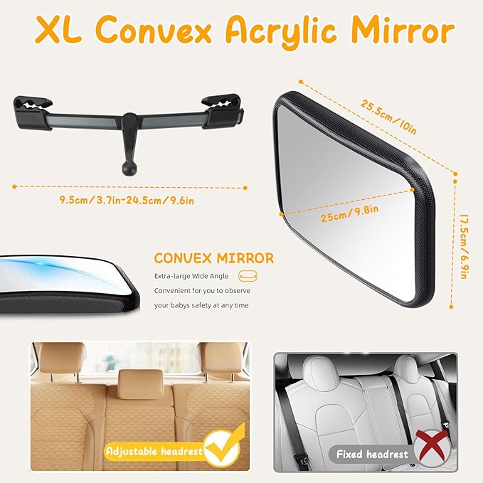 Car Mirror for Baby, Safety Car Seat Mirror for Baby Rear Facing with Clear Vision, Upgraded Hook Clip Design, 360 Rotation, Wide Crystal View, Shatterproof Crash Tested and Certified