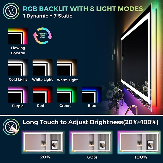 66x36 Inch RGB LED Bathroom Mirror Front Light and RGB Backlit Lighted Vanity Mirror for Bathroom Wall Mounted Dimmable Anti Fog Memory Shatter-Proof IP54 Waterproof Horizontal/Vertical