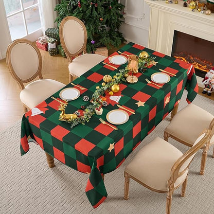 Christmas Tablecloth Rectangular 60x84 Inch for 4ft Waterproof, Machine Washable Checkered Polyester Table Cover for Xmas Party, Winter Holiday Home Decoration in Festive Checkered Star 1pack