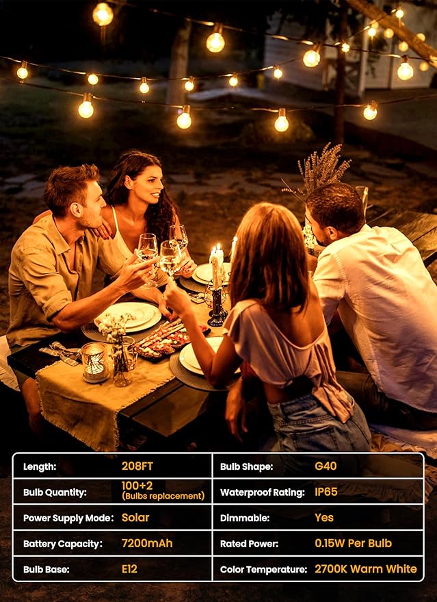 Brightown 208FT 102LED Solar String Lights Outdoor with USB Port, Shatterproof Bulbs, 3 Lighting Modes, Patio Lights Solar Powered for Camping Backyard Garden Decor - Last for 20+Hrs