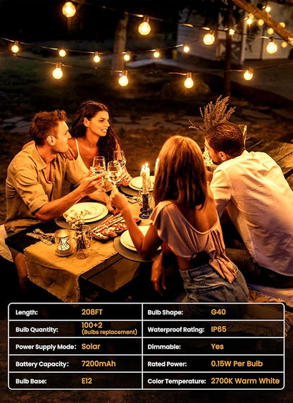 Brightown 208FT 102LED Solar String Lights Outdoor with USB Port, Shatterproof Bulbs, 3 Lighting Modes, Patio Lights Solar Powered for Camping Backyard Garden Decor - Last for 20+Hrs