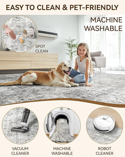 Washable Area Rugs 8'x10' Non-Slip Modern Abstract Soft for Living Room Entryway Bedroom Nursery, Print Pattern, Gray White Grey