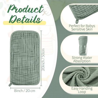 VitalCozy 6 Pcs Baby Muslin Hooded Bath Towels and Washcloths, Muslin Hooded Baby Towels Absorbent Blankets for Gift Newborn Infant Shower (Green,Gray)