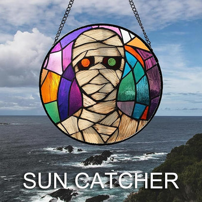 Stained Glass Window Hanging Halloween Abstract Colorful Mummy Large 15" - Suncatcher Door Garden Sun Catcher Gothic Decor Birthday Horror Funny Gift for Mom Woman Nana Friend Men