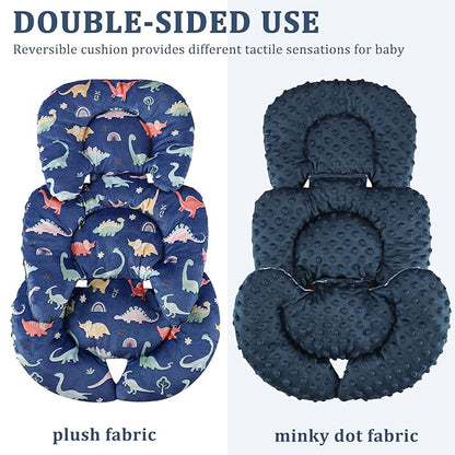 Infant Car Seat Insert Cushion, Super Soft Baby Car Seat Head Support & 2 Straps Pads, Reversible Preemie Newborn Carseat Insert, Fit Car Seat, Stroller, Infant Bouncer, Blue Dinosaur