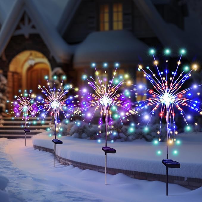 Solar Garden Firework Lights Outdoor Waterproof 4 Pack 120 LED Sparklers Solar Lights for Outside Patio Backyard Yard Pathway Walkway Decorations 4th of July Decorations (Colorful)