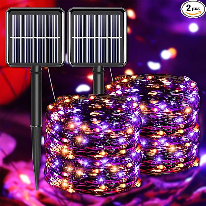 Halloween Decorations Outdoor Lights, Solar String Lights Purple Orange IP67 Waterproof 2 Pack Total 200 LED 66FT 8 Modes Fairy Lights, Outside Fall Decor for Tree, Garden, Patio, Fence, Lawn