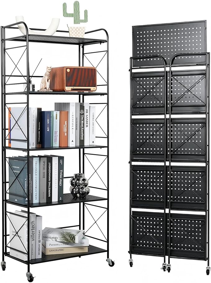 Foldable 5-Tier Metal Shelf with Wheels - Folding Bookshelf Unit for Living Room, Kitchen, Study 12.6" D x 23.6" W x 57.0" H, Matte Black