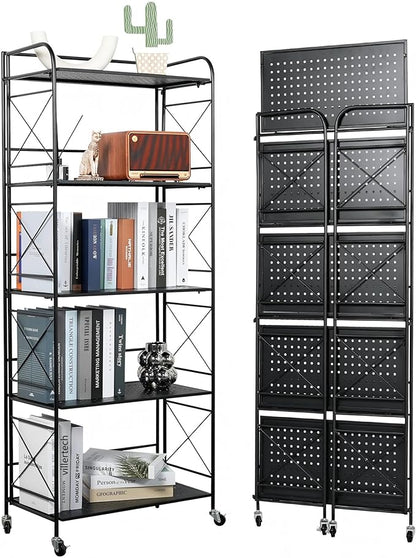 Foldable 5-Tier Metal Shelf with Wheels - Folding Bookshelf Unit for Living Room, Kitchen, Study 12.6" D x 23.6" W x 57.0" H, Matte Black