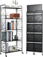 Foldable 5-Tier Metal Shelf with Wheels - Folding Bookshelf Unit for Living Room, Kitchen, Study 12.6" D x 23.6" W x 57.0" H, Matte Black