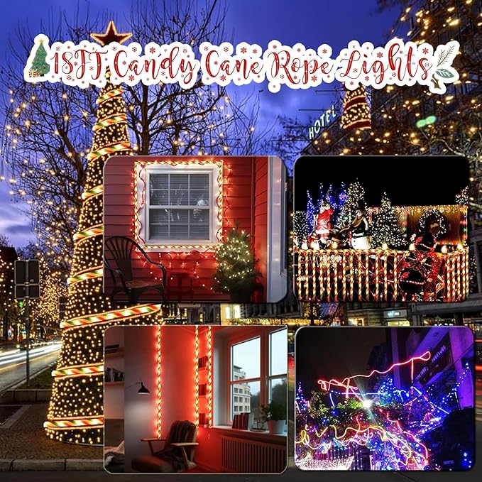 Vigdur Christmas Candy Cane Lights - 18FT LED Candy Cane Rope Lights Outdoor Waterproof Decorative Christmas Lights for Holiday Party Home Patio Indoor Xmas Decorations(216 LEDs)
