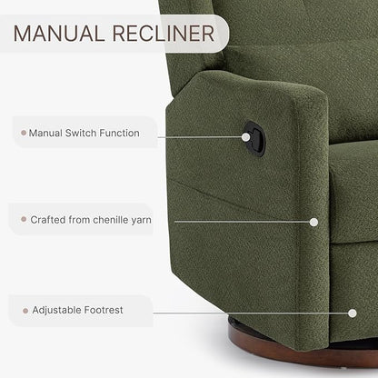 Upholstered Recliner Swivel Glider Nursery Chair Reclining Performance Fabric Rocker with Wood Base,Boucle,Moss Green