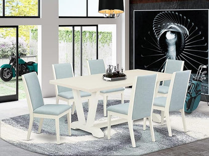 East West Furniture V027LA015-7 7 Piece Dining Table Set Consist of a Rectangle Dining Room Table with V-Legs and 6 Baby Blue Linen Fabric Parsons Chairs, 40x72 Inch, Multi-Color