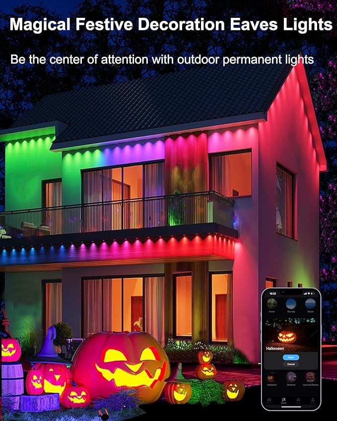Permanent Outdoor Lights for House, 100ft with 60 LEDs Under Eaves Lighting, Smart RGBW+IC Outdoor Christmas Lights APP/Remote Control, DIY Scene, IP67 Waterproof for Holiday & Daily Decor