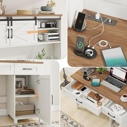 Farmhouse 47" Executive Desk, Computer Desk with Drawers and Storage Cabinet, Home Office Desks with Hutch and Charging Station, Workspace for Work & Study (Unique White).
