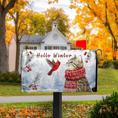Hello Winter Cat Mailbox Cover Cardinal Bird Mailbox Covers Magnetic Snow Snowflake Post Letter Box Cover Standard Size 21x18 inch for Garden Outdoor Yard Decor