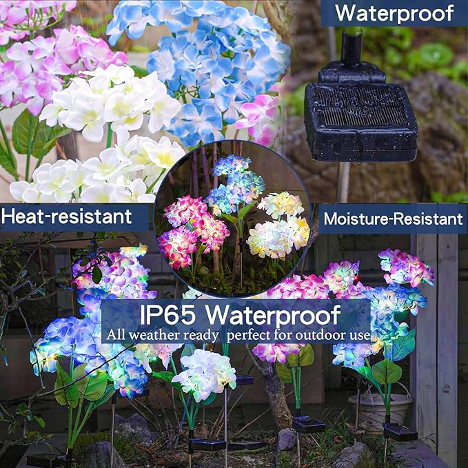 TONULAX Solar Garden Lights - 3 Pack Upgraded Version Outdoor Lights, Colorful Hydrangea Flower Light for Yard Decor, Garden Decoration, Two Lightning Modes & Enlarged Solar Panel