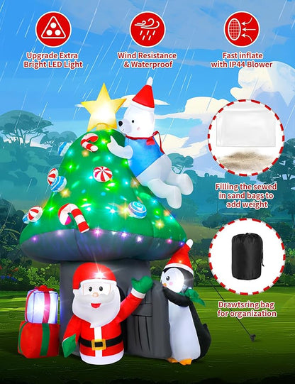 Christmas Inflatable Outdoor Decoration, 7FT Blow Up Mushroom House with Santa, Polar Bear & Penguin, Built-in Colorful Light Inflatable Christmas Tree & Gift Boxes for Xmas Party Yard Lawn Patio