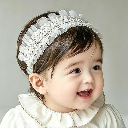 Baby Girls Flower Headbands Cute Kids Christening Headband Soft Lace Hairbands Floral Crown Newborn Infant Toddlers Hair Accessories for Birthday Party Photography(Beige Flowers)