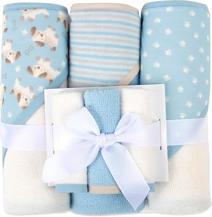 Jessica Simpson 6 Piece Printed Hooded Bath Towel and Washcloth Set for Infant, Newborns and Toddlers 3 – 24 Months for Bath Time, Showers, Lounge, Beach and Pool (6 Piece Puppies Print)