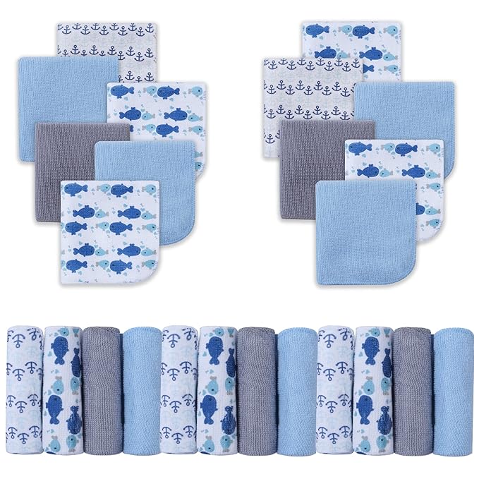 Viviland Baby Washcloths, Super Soft Baby Bath Towels for Newborn 24 Pack, Absorbent Face & Body Wash Cloth for Baby Boy, Blue-Whale Pattern, 9 x 9 inch