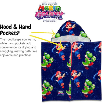 The Super Mario Galaxy Movie Kids Super Soft Bath/Pool/Beach Soft Cotton Terry Hooded Towel Wrap, 24 in x 50 in, Mario & Luigi, (100% Officially Licensed Product) by Franco