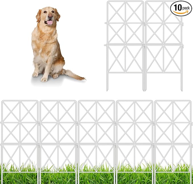 ShopLaLa Decorative Garden Fence (10 Panels) 12.5in(L) x 31in(H) Animal Barrier Fencing Rustproof White Metal Wire Flower Edging for Landscape, Dog Yard Gates Fences Tall No Dig Outdoor Decor D-F30B