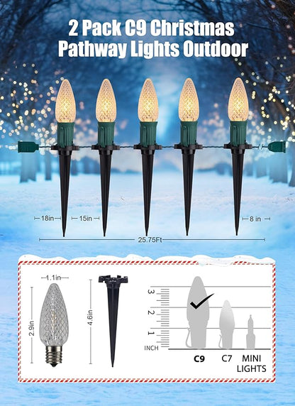 C9 Christmas Pathway Lights Outdoor, 25.7 Feet 20 LED C9 Strawberry Walkway Lights with Marker Stakes, Connectable Shatterproof C9 String Lights for Lane Outside Yard Decorations, Warm White, 2 Pack