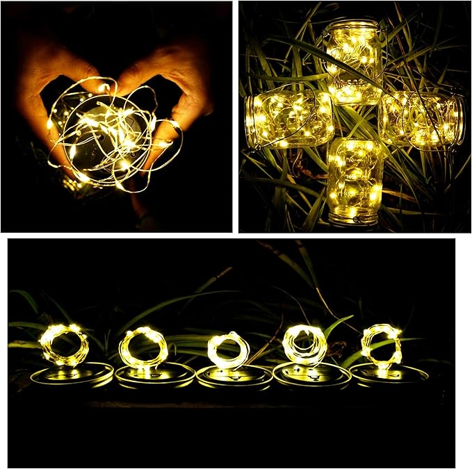 SmilingTown Solar Mason Jar String Light Lids 12 Pack 30 LED Fairy Firefly Inserts Lighting with 12 Hangers Waterproof for Outdoor Tree Patio Lawn Garden Decor, No Jars