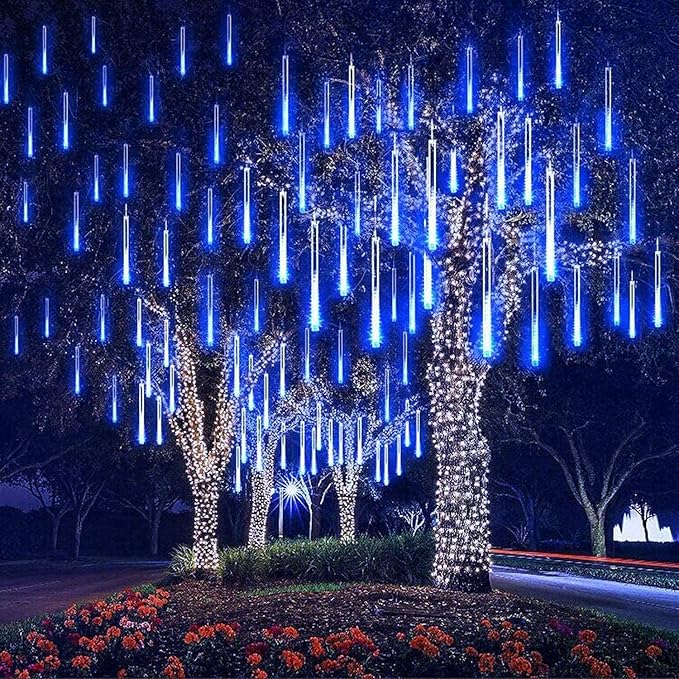 Adecorty Outdoor Christmas Lights Meteor Shower Light UL Certified 8 Tubes 192 LED Snow Falling Rain Drop Light Dripping Icicle String Lights for Christmas Tree Decorations Xmas Wedding Party, Blue