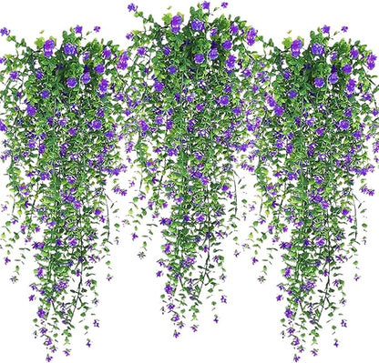 Artificial Hanging Flowers, 3 Pcs Fake Hanging Plants Decor, Artificial Vines for Outdoors, UV Resistant No Fade Artificial Fake Hanging for Indoor Decoration Outdoor Porch Courtyard (Purple)