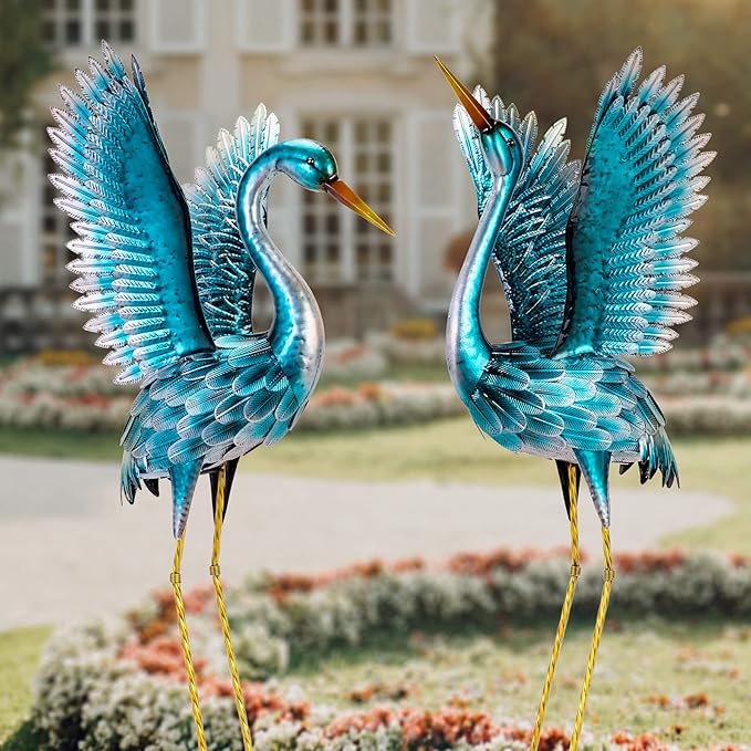 Natelf Garden Crane Statues for Outdoor, Blue Heron Decoy Courtyard Sculptures, Standing Metal Bird Yard Art for Patio Pond Backyard Decor(Set of 2)