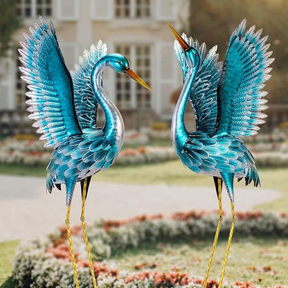 Natelf Garden Crane Statues for Outdoor, Blue Heron Decoy Courtyard Sculptures, Standing Metal Bird Yard Art for Patio Pond Backyard Decor(Set of 2)