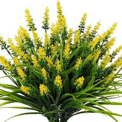 Artificial Flowers for Outdoor Plants 24 Bundles Fake Lavender Plastic Faux Monkey Grass for Verandah Window Garden Office Patio Front Porch UV Resistant for Planter(Yellow)