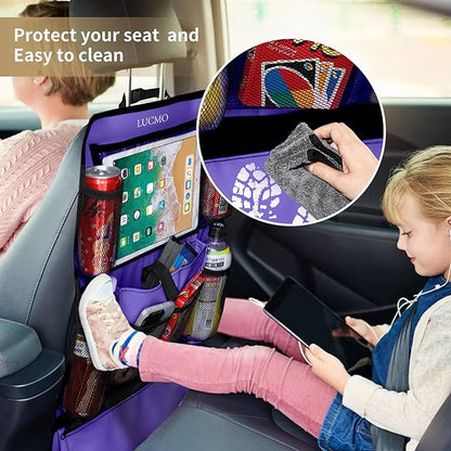 LUCMO Car Backseat Organizer with Touch Screen Tablet Holder-2 Pcs,9 Storage Pockets Car Storage Organizer Protectors Kick Mats Travel Accessories for Kids-Purple