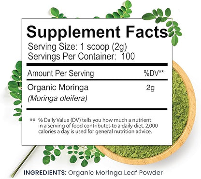 Organic Moringa Powder, Single Estate, Freshly Ground Colombian Moringa, USDA Organic, Non-GMO, Gluten Free in a Resealable Pouch for Smoothies, Lattes, Cooking, 7 oz (200 g), 100 Servings