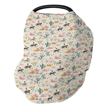 Vintage Western Cowgirl Baby Car Seat Covers Retro Cowgirl Horse Cactus Stretchy 5-in-1 Cover Adjustable Infant Carseat Canopy Cover Wild Desert Country Breathable Nursing Cover-Up