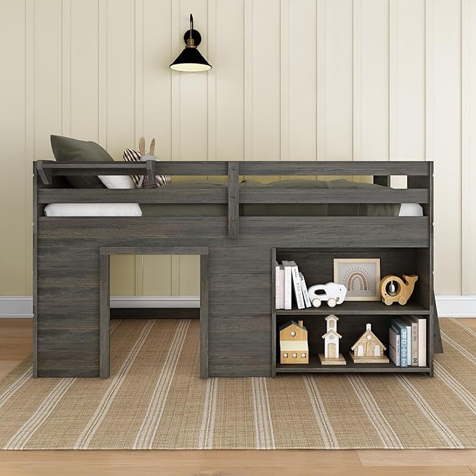 Max & Lily Modern Farmhouse Twin Low Loft Bed with Bookcase - Solid Wood, 15” Guardrails, 400-lb Capacity, Low-VOC Finish, Driftwood