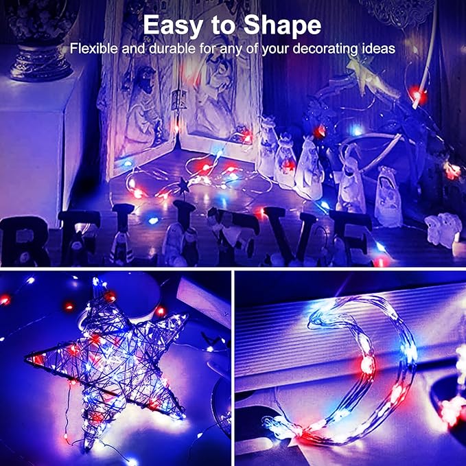 btfarm 4th of July Patriotic Fairy Lights Battery Operated, 30 Pack Red White Blue 3 Modes Twinkle String Lights, 7ft 20 Led Independence Day Mini for Mason Jars Vases Table Centerpiece Decorations
