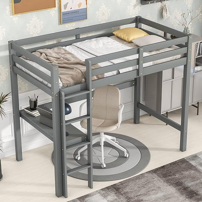 HomSof Twin Loft Bed with Built-in Desk,Grey